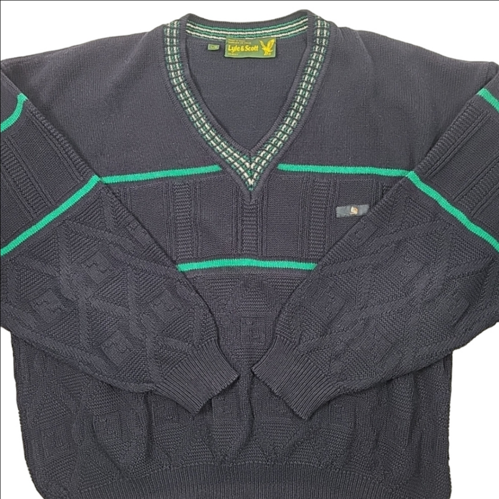Lyle & Scott Vneck Sweater Mens Size L Navy Blue Green Grandpa Sweater